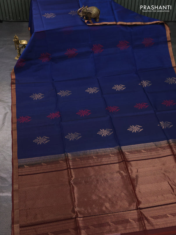 Kora silk cotton saree blue and rust shade with thread & zari woven buttas and zari woven border