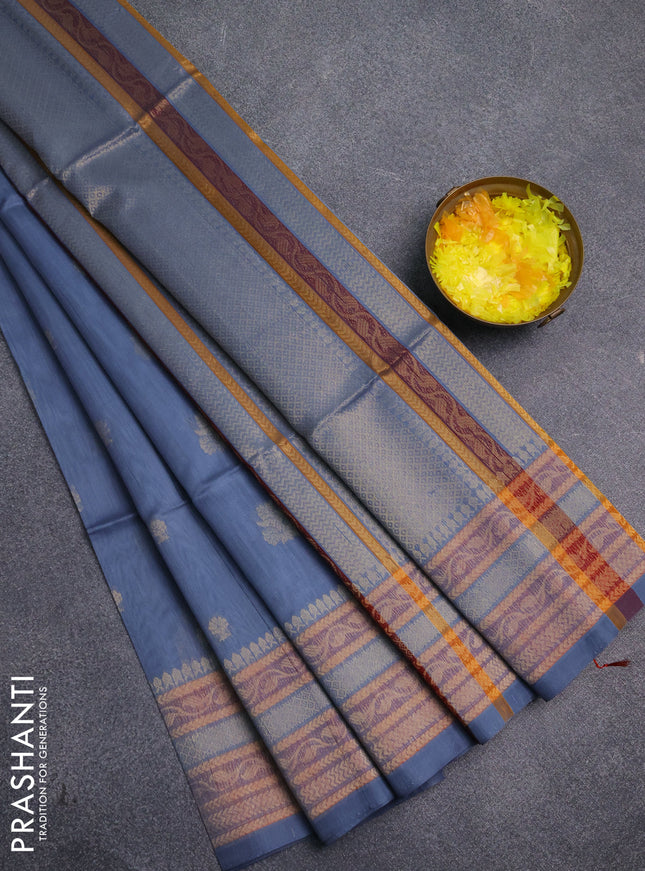 Kora silk cotton saree greyish blue with allover zari woven buttas and zari woven border