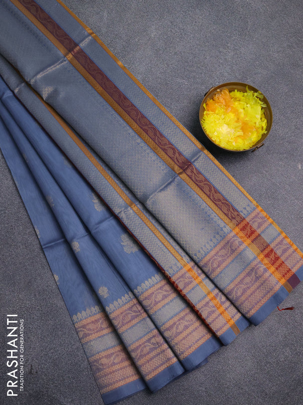 Kora silk cotton saree greyish blue with allover zari woven buttas and zari woven border