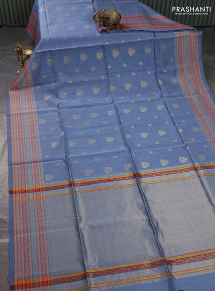 Kora silk cotton saree greyish blue with allover zari woven buttas and zari woven border