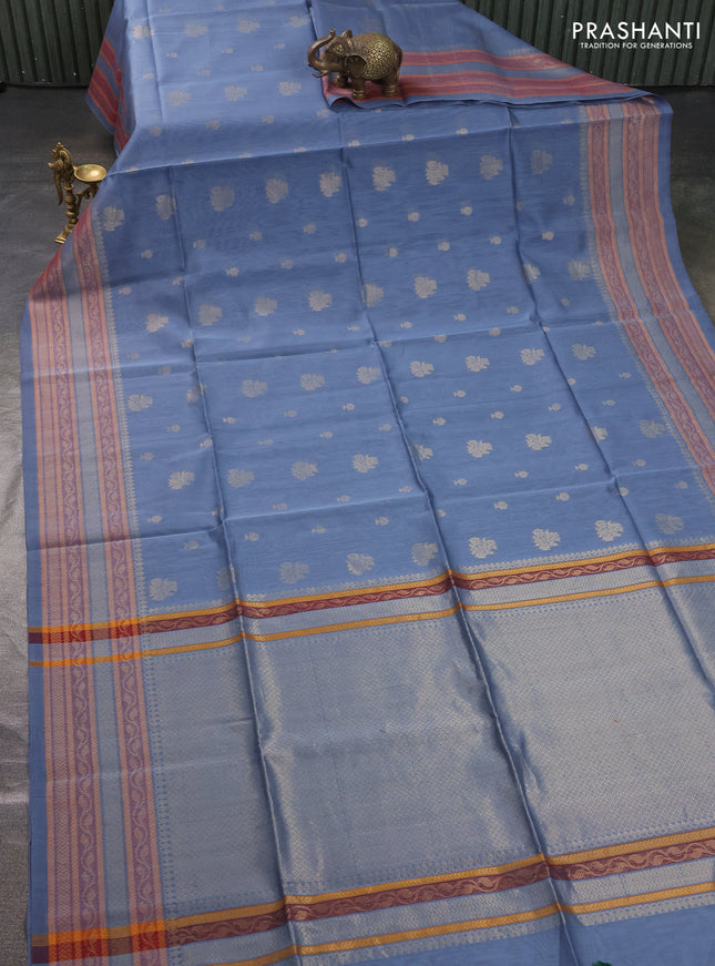 Kora silk cotton saree greyish blue with allover zari woven buttas and zari woven border