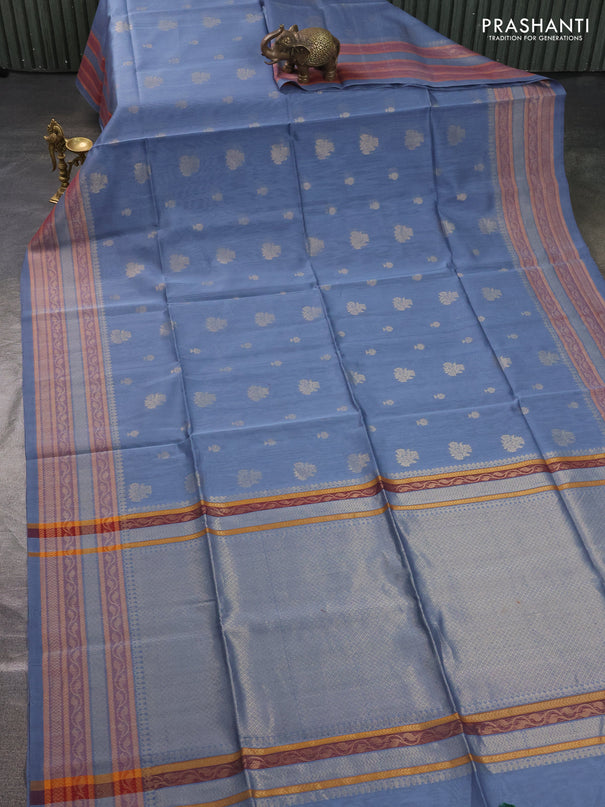 Kora silk cotton saree greyish blue with allover zari woven buttas and zari woven border