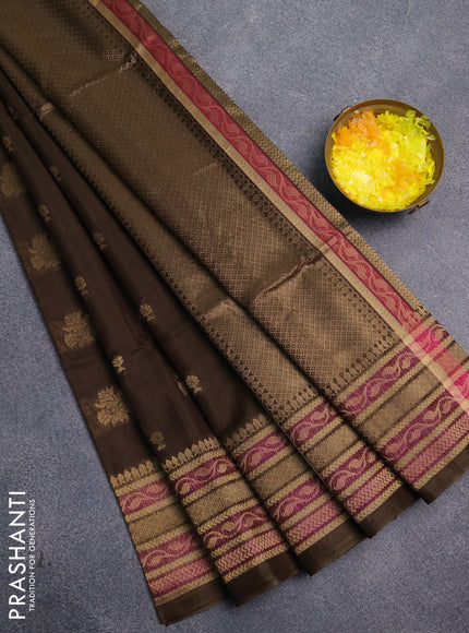 Kora silk cotton saree dark olive green and purple with allover zari woven buttas and zari woven border
