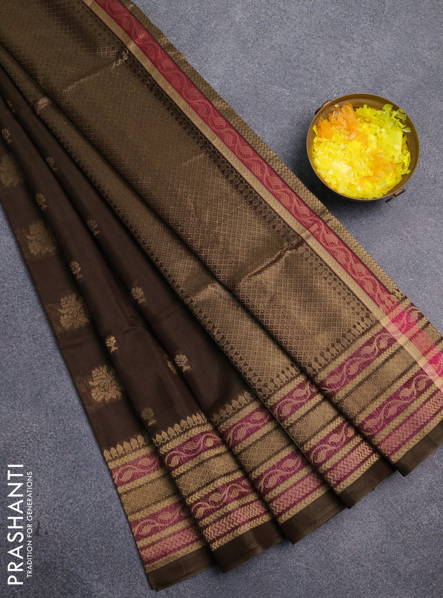 Kora silk cotton saree dark olive green and purple with allover zari woven buttas and zari woven border