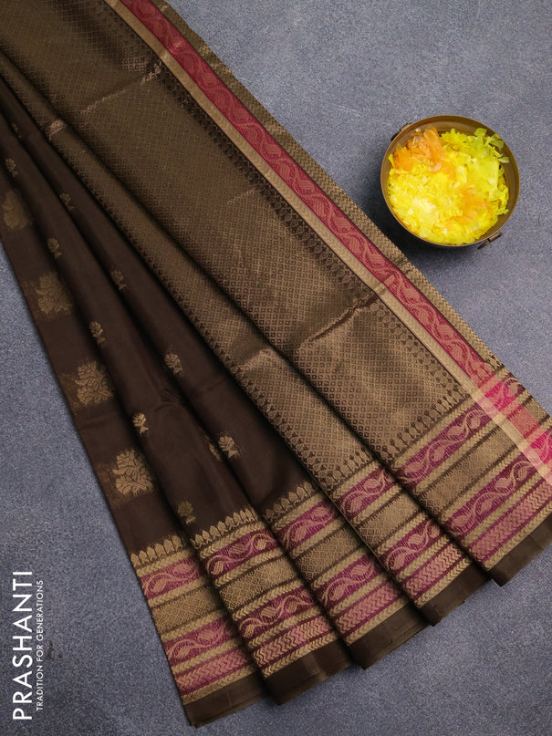 Kora silk cotton saree dark olive green and purple with allover zari woven buttas and zari woven border