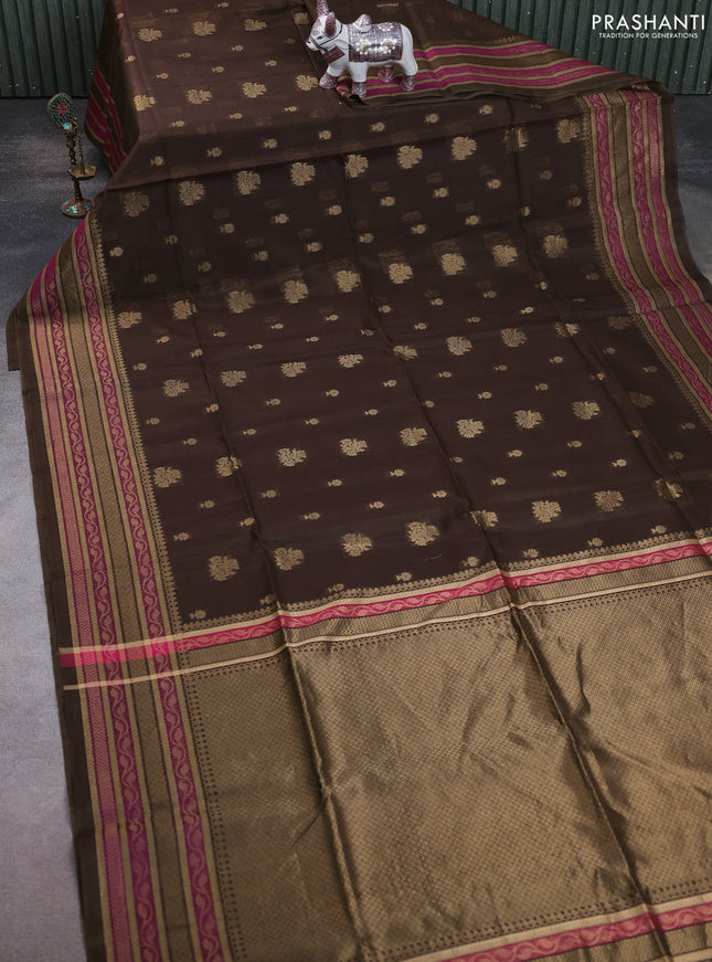Kora silk cotton saree dark olive green and purple with allover zari woven buttas and zari woven border