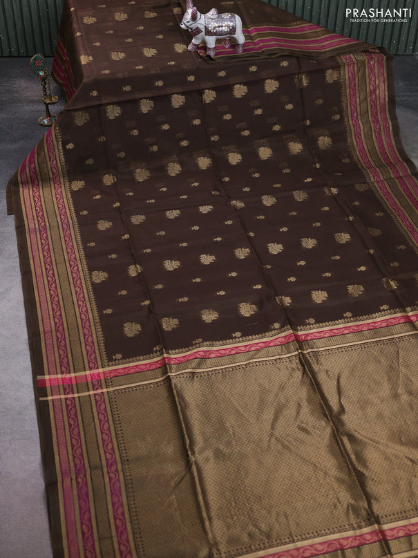 Kora silk cotton saree dark olive green and purple with allover zari woven buttas and zari woven border