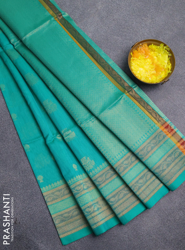 Kora silk cotton saree teal green shade with allover zari woven buttas and zari woven border