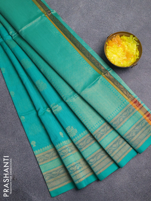 Kora silk cotton saree teal green shade with allover zari woven buttas and zari woven border