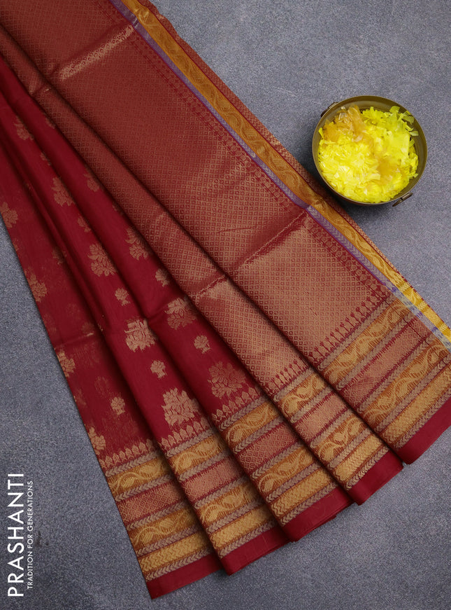 Kora silk cotton saree red with allover zari woven buttas and zari woven border