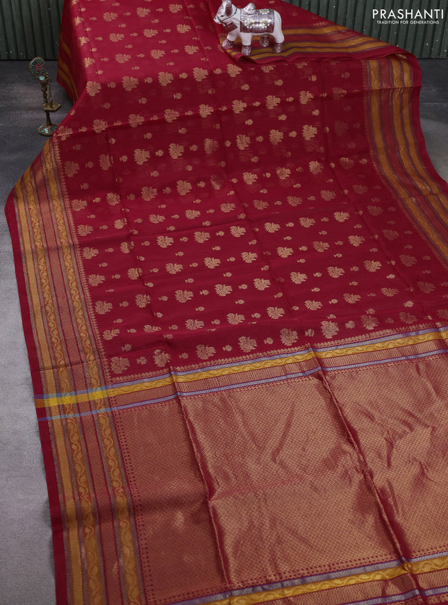 Kora silk cotton saree red with allover zari woven buttas and zari woven border