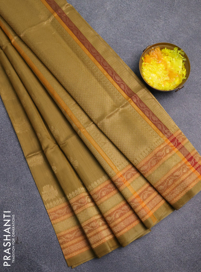 Kora silk cotton saree mustard shade and orange with allover zari woven buttas and zari woven border