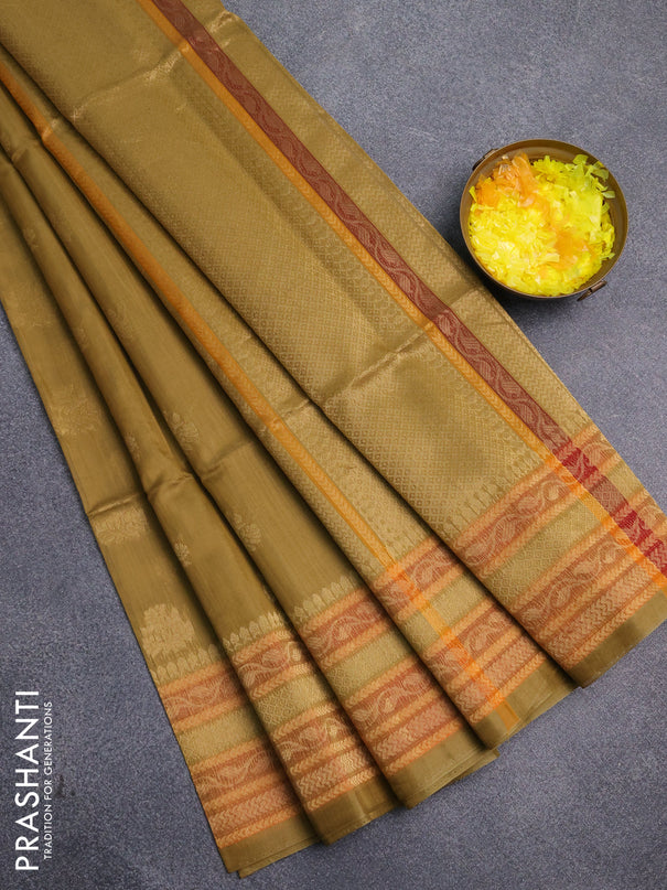 Kora silk cotton saree mustard shade and orange with allover zari woven buttas and zari woven border