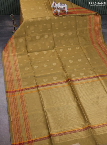 Kora silk cotton saree mustard shade and orange with allover zari woven buttas and zari woven border