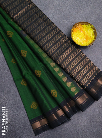 Kora silk cotton saree green and elephant grey with allover zari weaves & thread buttas and zari woven border