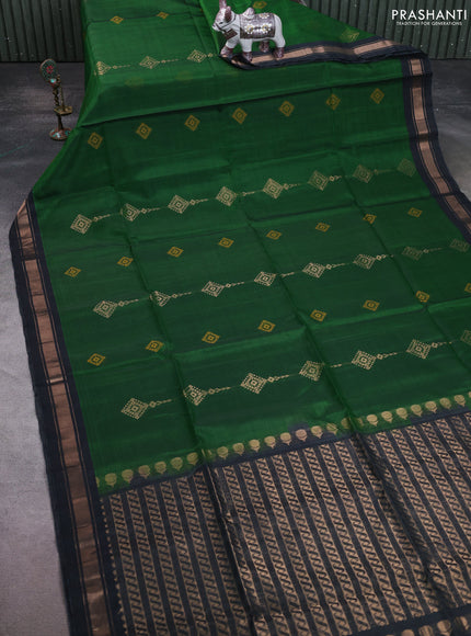 Kora silk cotton saree green and elephant grey with allover zari weaves & thread buttas and zari woven border