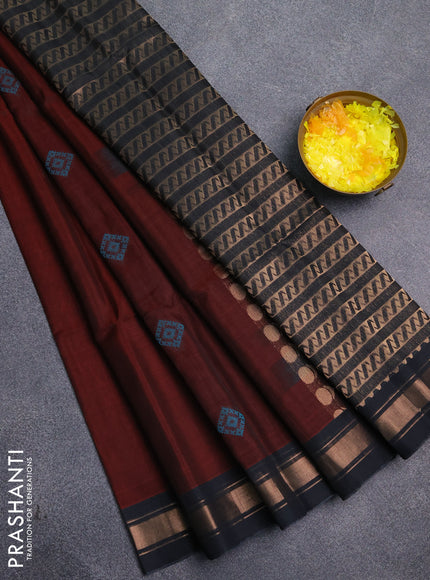 Kora silk cotton saree maroon and elephant grey with allover zari weaves & thread buttas and zari woven border
