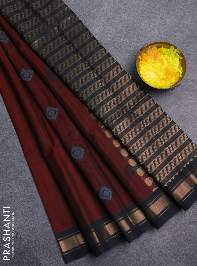 Kora silk cotton saree maroon and elephant grey with allover zari weaves & thread buttas and zari woven border