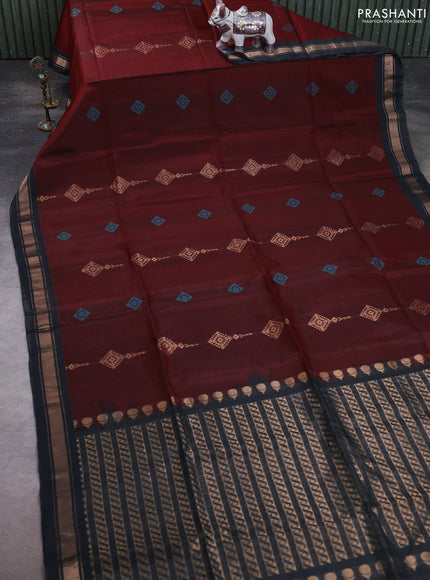 Kora silk cotton saree maroon and elephant grey with allover zari weaves & thread buttas and zari woven border