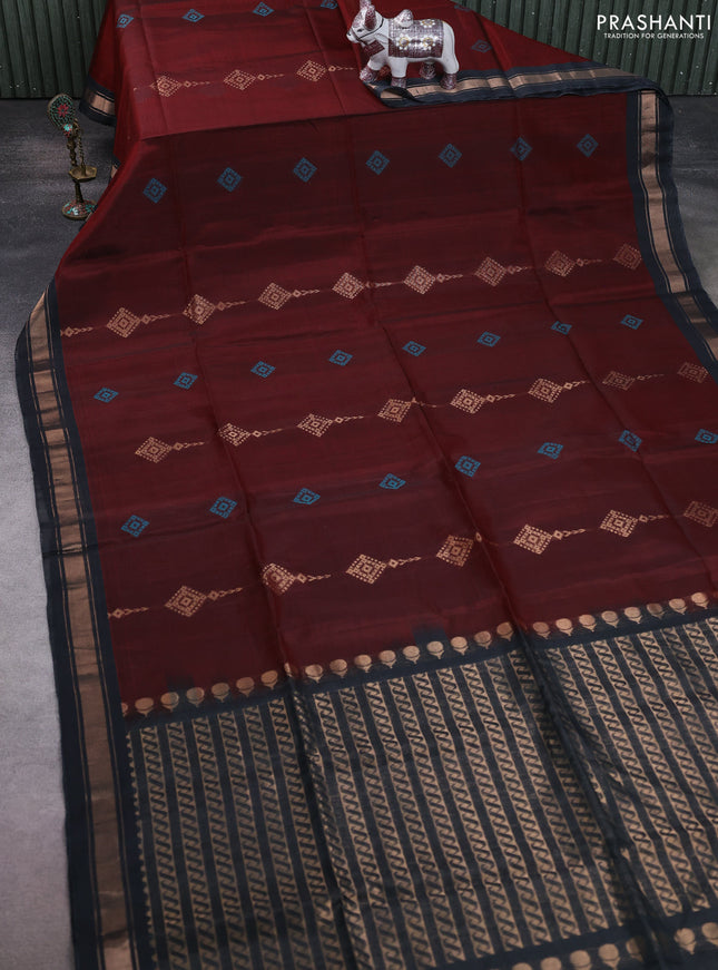 Kora silk cotton saree maroon and elephant grey with allover zari weaves & thread buttas and zari woven border