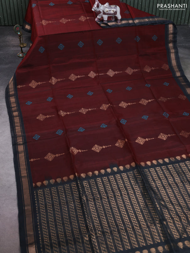 Kora silk cotton saree maroon and elephant grey with allover zari weaves & thread buttas and zari woven border