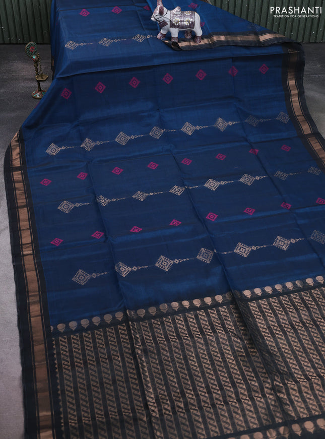 Kora silk cotton saree peacock blue and elephant grey with allover zari weaves & thread buttas and zari woven border