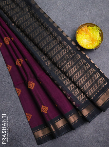 Kora silk cotton saree purple and elephant grey with allover zari weaves & thread buttas and zari woven border