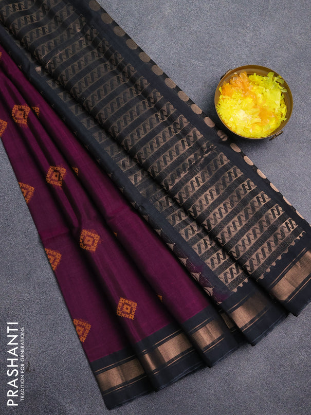 Kora silk cotton saree purple and elephant grey with allover zari weaves & thread buttas and zari woven border