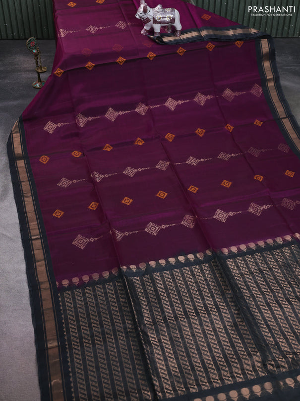 Kora silk cotton saree purple and elephant grey with allover zari weaves & thread buttas and zari woven border