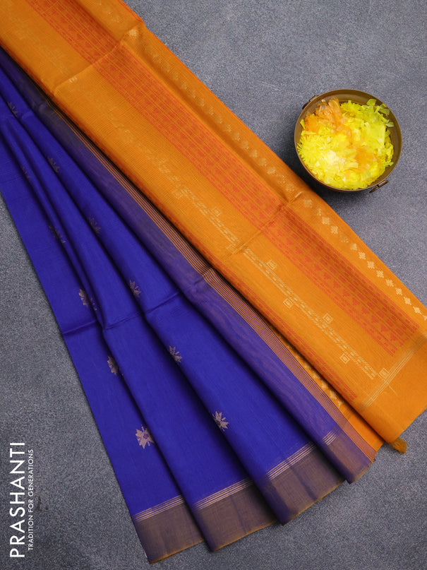 Kora silk cotton saree royal blue and mustard yellow with thread & zari woven buttas and zari woven simple border