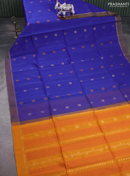 Kora silk cotton saree royal blue and mustard yellow with thread & zari woven buttas and zari woven simple border