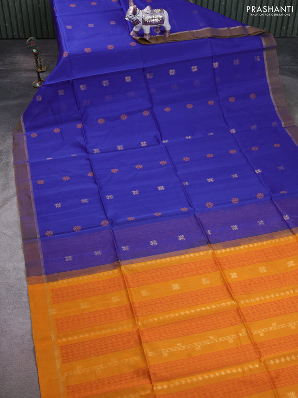 Kora silk cotton saree royal blue and mustard yellow with thread & zari woven buttas and zari woven simple border