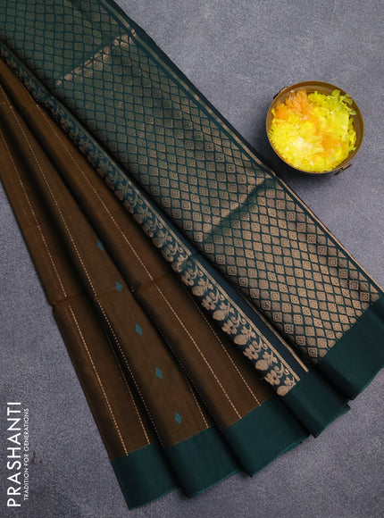 Kora silk cotton saree dark olive green and peacock green with allover zari weaves & thread woven buttas and zari woven border
