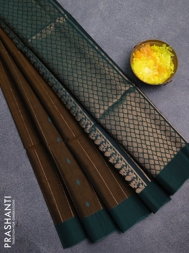 Kora silk cotton saree dark olive green and peacock green with allover zari weaves & thread woven buttas and zari woven border