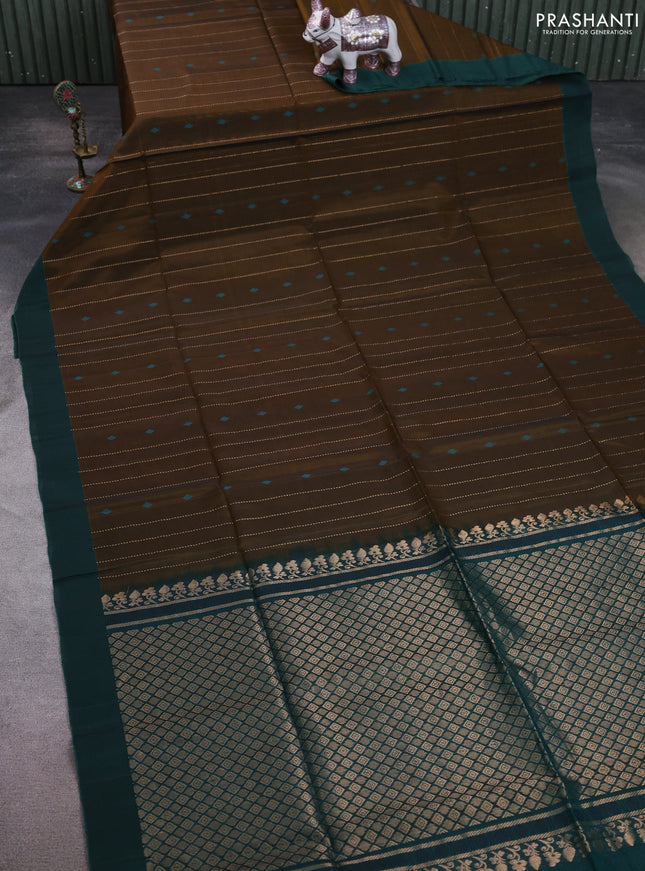 Kora silk cotton saree dark olive green and peacock green with allover zari weaves & thread woven buttas and zari woven border