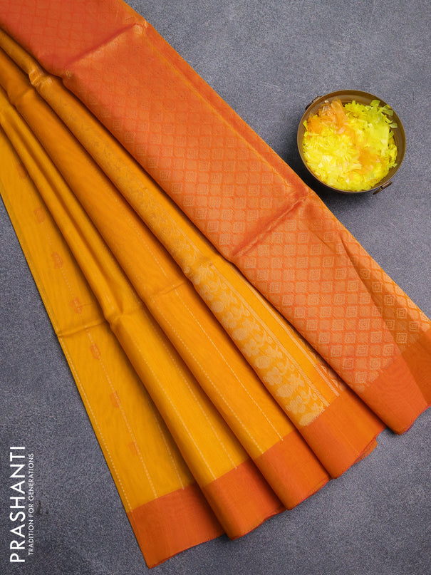 Kora silk cotton saree mango yellow and dual shade of pink with allover zari weaves & thread woven buttas and zari woven border