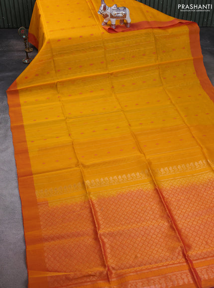 Kora silk cotton saree mango yellow and dual shade of pink with allover zari weaves & thread woven buttas and zari woven border