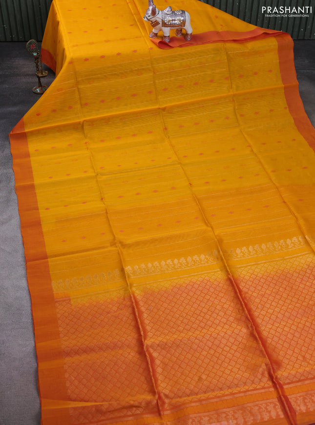 Kora silk cotton saree mango yellow and dual shade of pink with allover zari weaves & thread woven buttas and zari woven border
