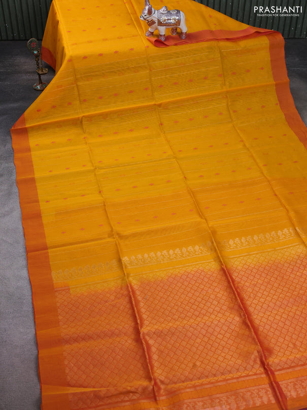 Kora silk cotton saree mango yellow and dual shade of pink with allover zari weaves & thread woven buttas and zari woven border
