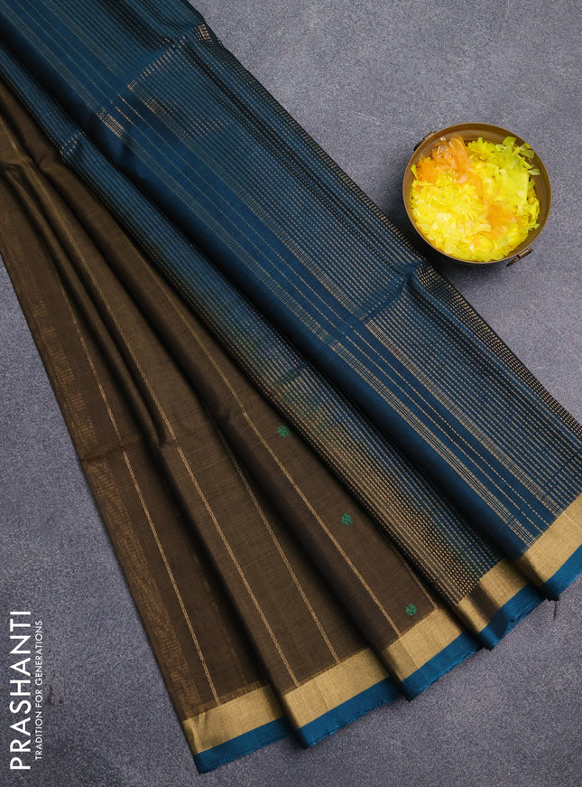 Kora silk cotton saree military green and peacock green with allover zari weaves & thread woven buttas and zari woven border