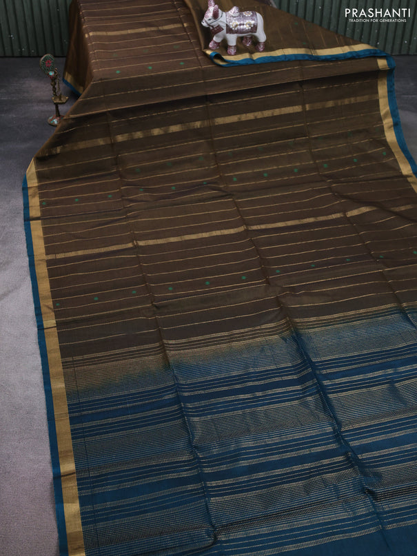 Kora silk cotton saree military green and peacock green with allover zari weaves & thread woven buttas and zari woven border