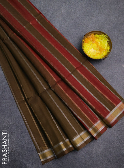Kora silk cotton saree olive green and maroon with allover silver & gold zari weaves and zari woven border