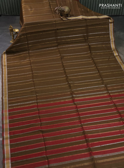 Kora silk cotton saree olive green and maroon with allover silver & gold zari weaves and zari woven border