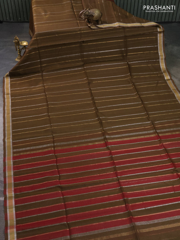 Kora silk cotton saree olive green and maroon with allover silver & gold zari weaves and zari woven border