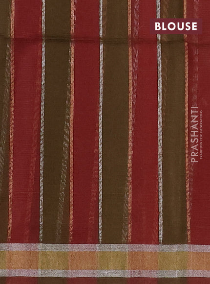 Kora silk cotton saree olive green and maroon with allover silver & gold zari weaves and zari woven border