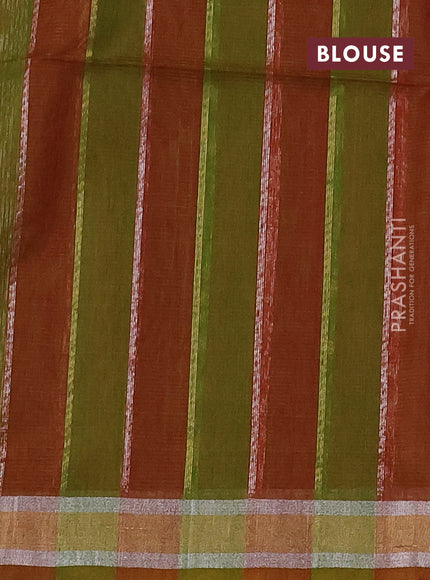 Kora silk cotton saree rust shade and light green with allover silver & gold zari weaves and zari woven border