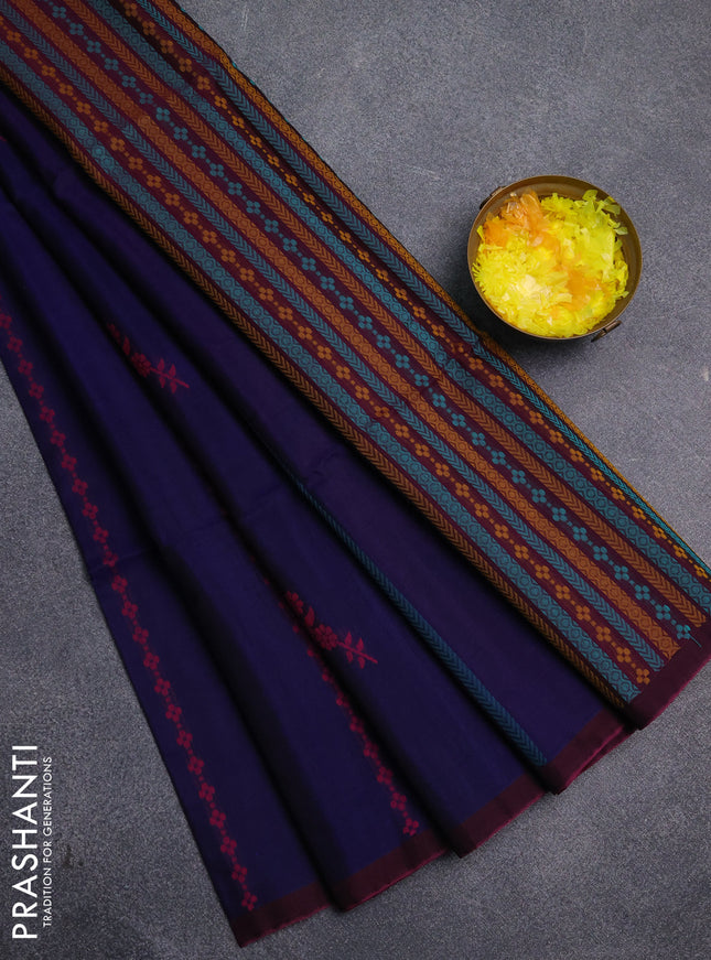Kora silk cotton saree navy blue and magenta pink with thread weaves & buttas and simple border