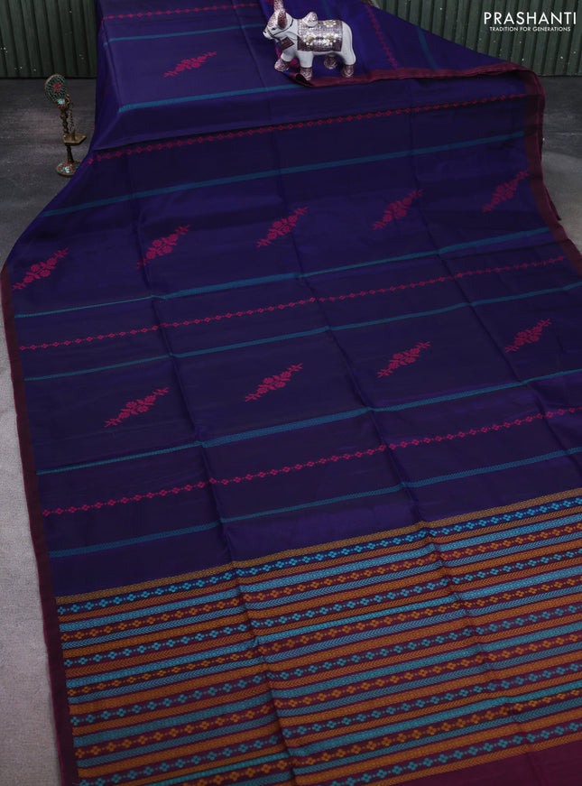 Kora silk cotton saree navy blue and magenta pink with thread weaves & buttas and simple border