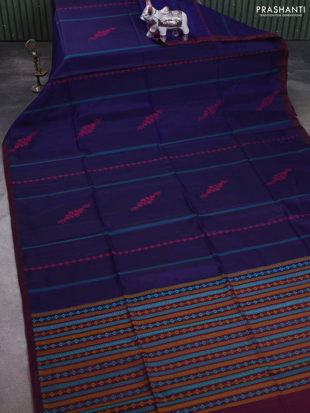 Kora silk cotton saree navy blue and magenta pink with thread weaves & buttas and simple border