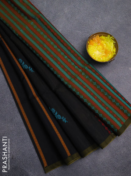 Kora silk cotton saree black and mustard yellow with thread weaves & buttas and simple border